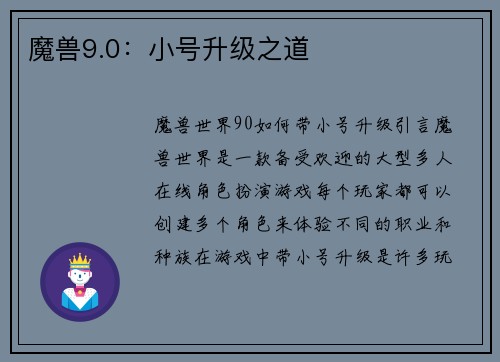 魔兽9.0：小号升级之道